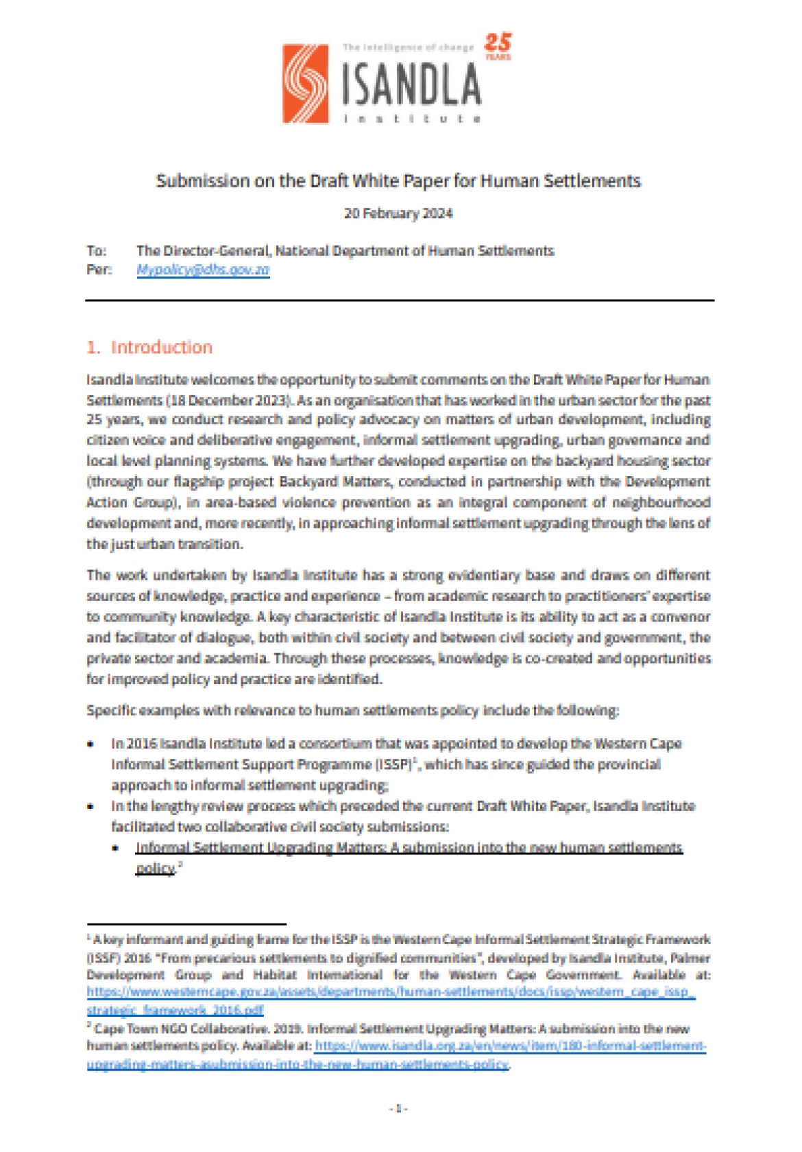 Submission on draft Human Settlements White Paper