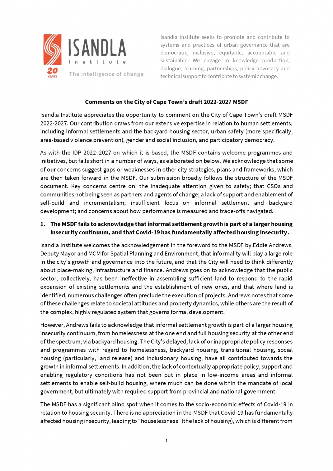 Comments on the City of Cape Town&rsquo;s draft 2022-2027 MSDF